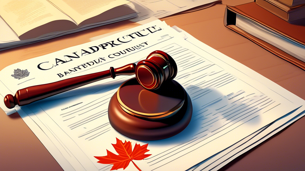 Detailed illustration of a gavel resting on legal documents inside a Canadian courthouse, highlighting bankruptcy records with a visible maple leaf insignia.