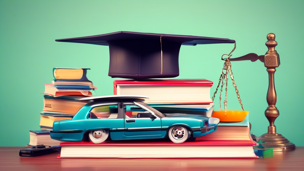 A digital illustration depicting a balance scale, with a graduation cap and a stack of textbooks on one side and a car key and a miniature car on the other, against a background of a financial graph and calculator.