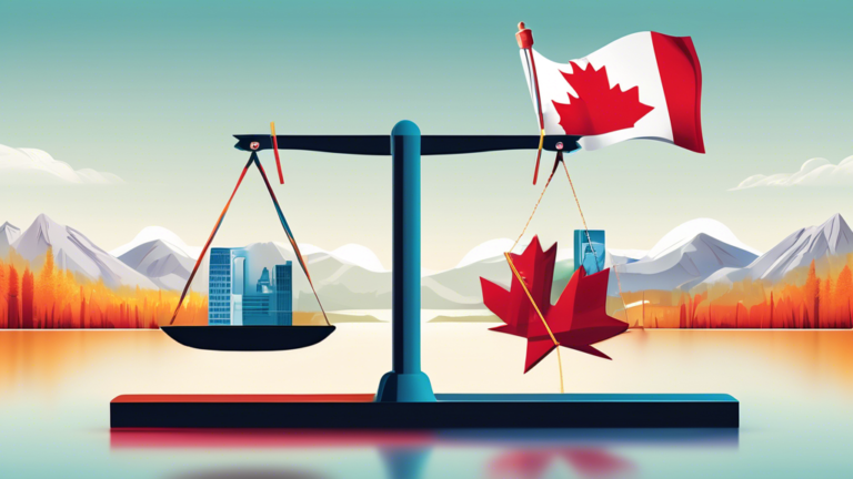 An illustrative, balanced scale in a financial setting with one side holding a Canadian flag and the other side filled with symbols representing bankruptcy benefits and drawbacks, against a backdrop of iconic Canadian landscapes.