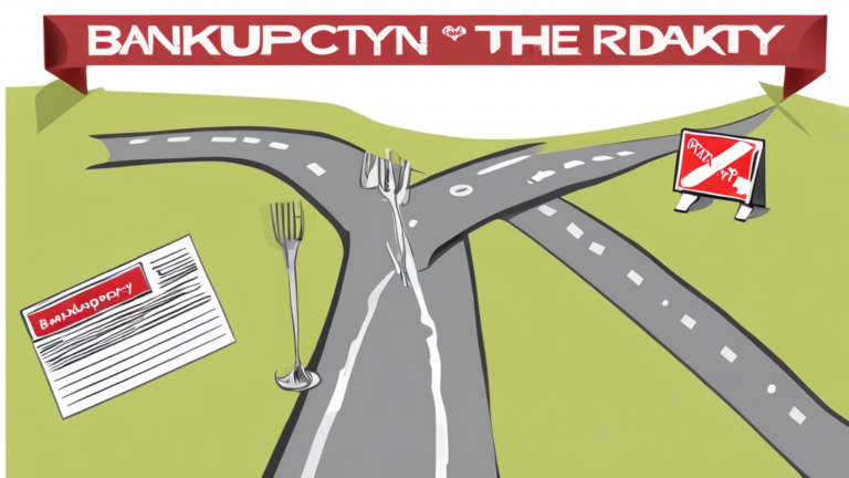 An illustrated guide showing a fork in the road, with one path leading to a 'Bankruptcy' sign and the other to a 'Consumer Proposal' sign, set against a backdrop of the Canadian flag and financial documents.