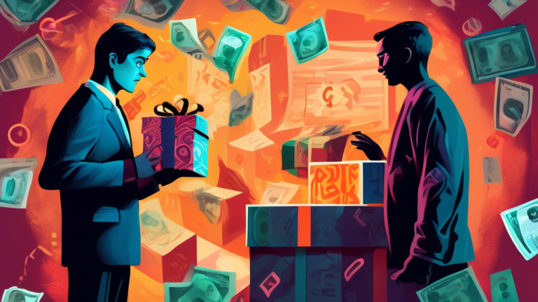 Detailed digital painting of a person anxiously holding a gift while a shadowy figure of a creditor looms over them, set against a background of financial documents and currency symbols