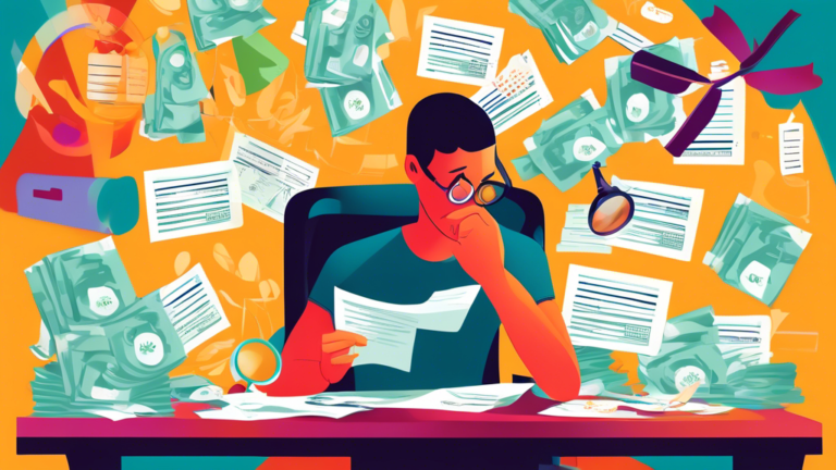 A digital illustration showing an anxious person surrounded by bills, with a magnifying glass focusing on a document titled 'Wage Garnishment Notice', in the style of a modern infographic.