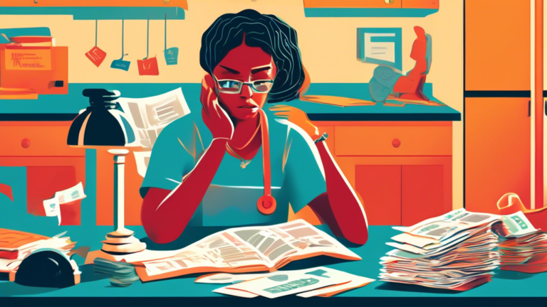 A concerned individual sitting at a kitchen table, surrounded by bills and financial documents, while reading a guidebook titled 'Understanding Your Rights Against Wage Garnishment,' with a transparent icon of a gavel and scales of justice overlaying the scene.