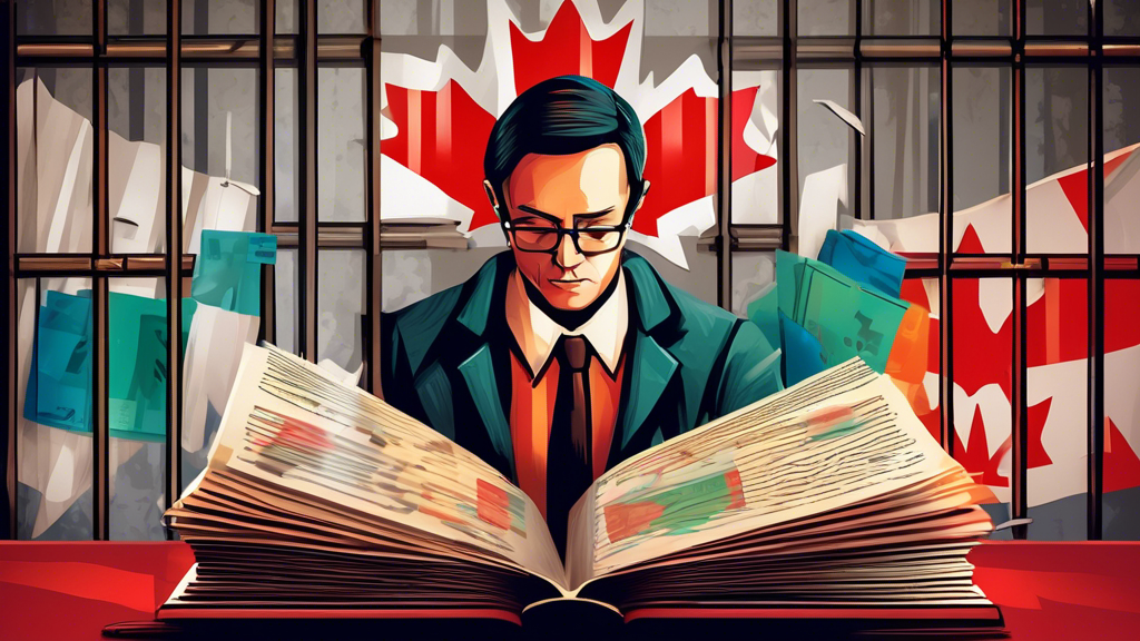 Detailed illustration of a person reading a large legal book about Canadian law with Canadian flags in the background, and symbolic jail bars made of credit cards and bills fading in the distance.