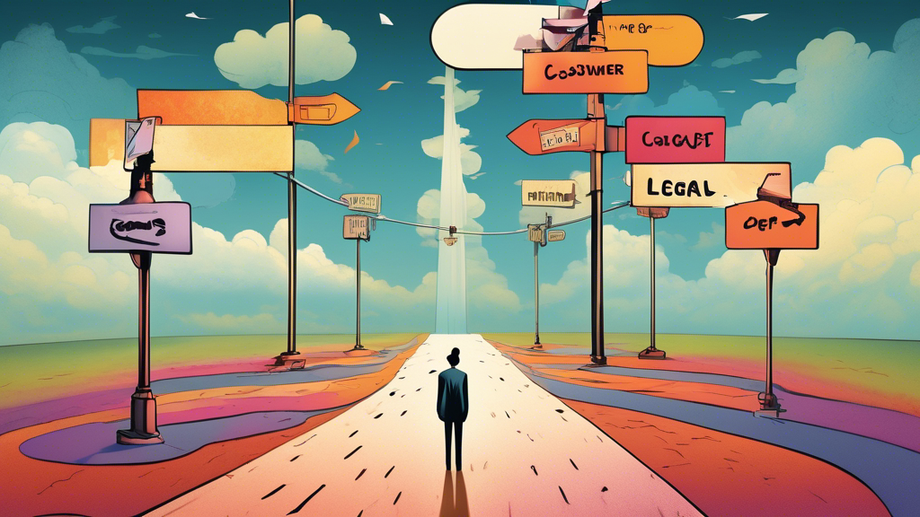 A detailed illustration of a person standing at a crossroads, one path leading to a single opened file labeled 'Consumer Proposal' and the other path splitting towards multiple files with the same label, all under a sky painted with question marks and legal scales of justice.