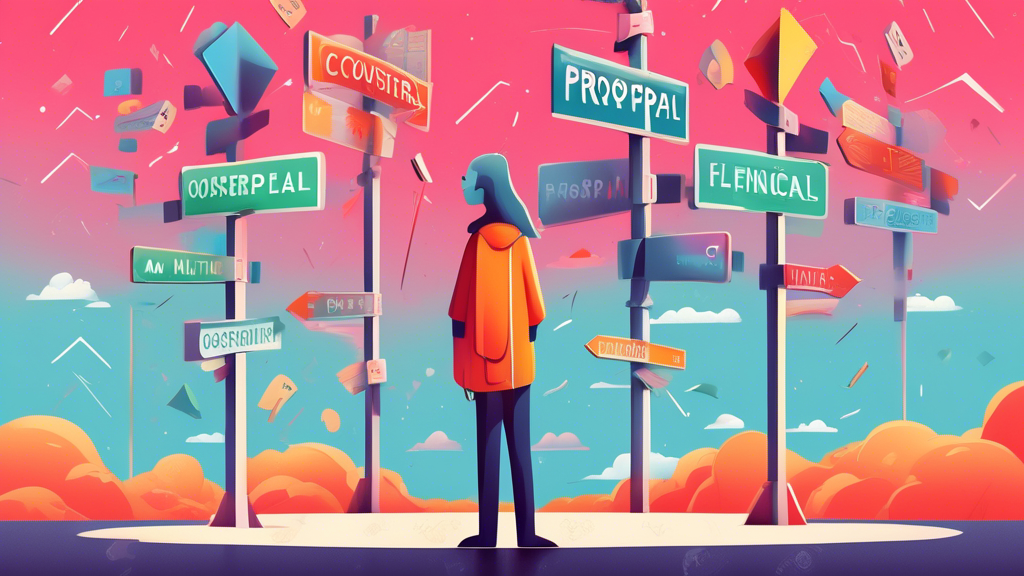 A digital illustration of a person standing at a crossroads with two signposts, one saying 'Consumer Proposal' and the other 'Multiple Filings', under a sky filled with question marks and financial symbols.