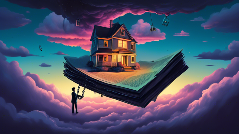 A surreal illustration of a house slipping from the hands of its owner into an abyss, symbolizing loss of ownership, with legal documents and house keys floating around, all set against a twilight sky.