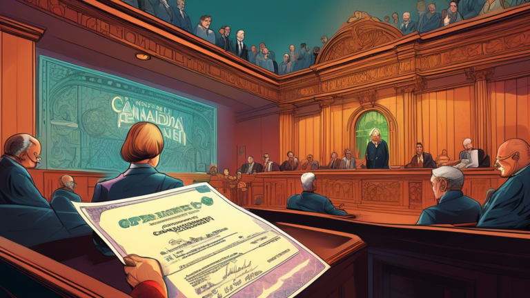 An intricately detailed courtroom scene where a person is presenting a large, ornate check to a judge, with the symbol of the Canadian Pension Plan (CPP) in the background, and the words 'Benefits Garnishment' glowing softly above the scene.