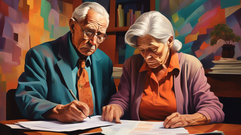 A serene image of an elderly couple in Canada reviewing documents with a worried expression, as a symbolic representation of garnishment looms overhead, illustrated in a style mixing realism with metaphorical imagery.