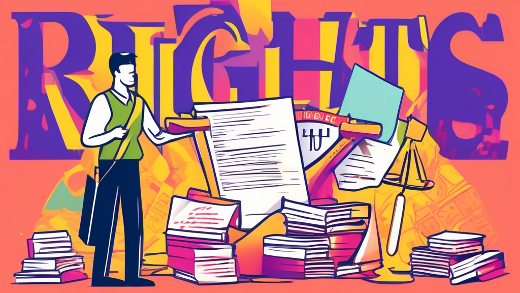 An illustrated guide showing a collection agency on one side and an individual holding a shield with 'rights' written on it, standing in front of a pile of wages on the other, with legal documents and scales of justice in the background.