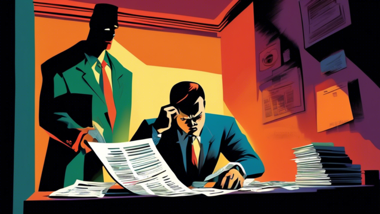 An illustrative image of a worried person looking at their paycheck while a shadowy figure representing a debt collector reaches out towards the paycheck, with legal documents and calculators in the background, all depicted in a stark, contrast-rich style to highlight financial tension.