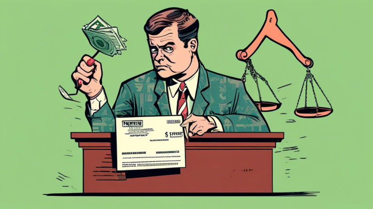 An illustration of a person holding a tax refund check looking puzzled while a giant hand labeled 'Trustee' looms overhead, set against a background of bankruptcy court documents and a gavel.