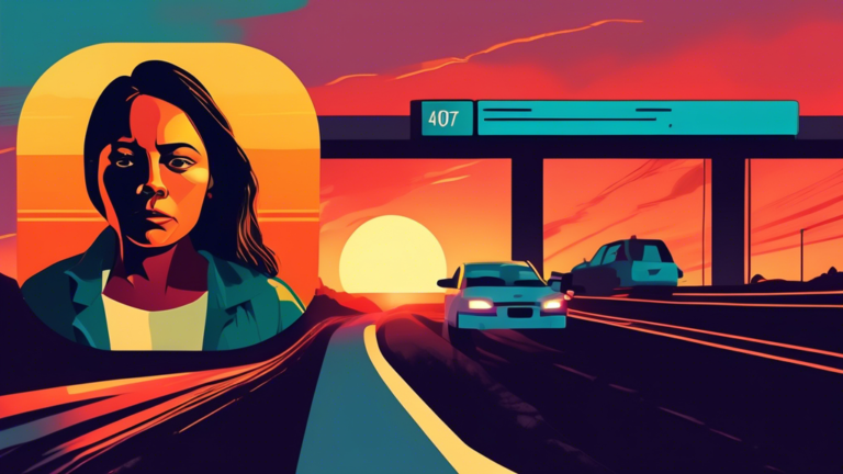 Digital illustration of a suspended driver's license hovering over a busy 407 ETR toll road at sunset, with a shadowy figure of a person looking worried in the foreground.