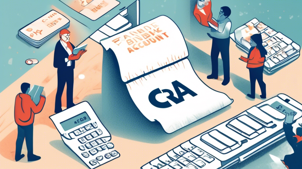 A detailed illustration showing the Canada Revenue Agency (CRA) symbol freezing over a generic bank account, with puzzled citizens studying a rulebook in the background.