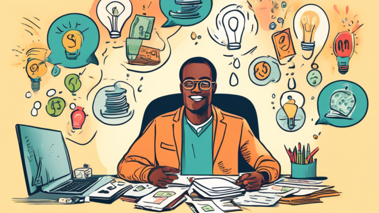 An image of a friendly financial advisor sitting at a desk covered with documents, answering questions from a diverse group of people about consumer proposals, with thought bubbles containing icons of money, question marks, and light bulbs to symbolize understanding.