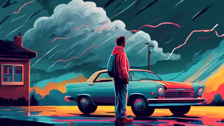 Digital illustration of a worried person looking at overdue bills, with a car being towed in the background under a stormy sky.