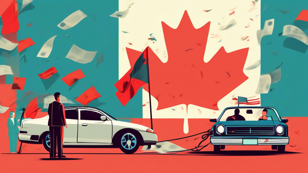 An illustration depicting a car being towed away in front of a Canadian flag, with a worried person watching, surrounded by unpaid bills floating around.