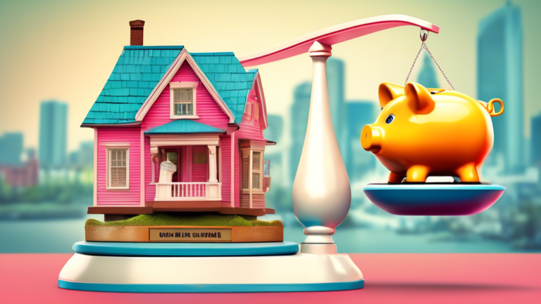 Detailed digital artwork of a scale balancing a house and a piggy bank, with iconic Ontario landmarks in the background, illustrating the choice between consumer proposal and bankruptcy.