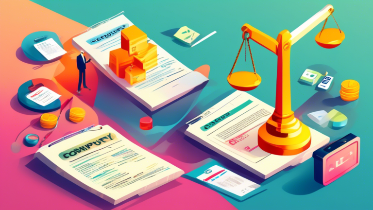 An illustrated infographic comparing the key aspects of consumer proposal and bankruptcy, highlighting differences in process, impact on credit, and financial recovery, set against a backdrop of financial documents and a balance scale.