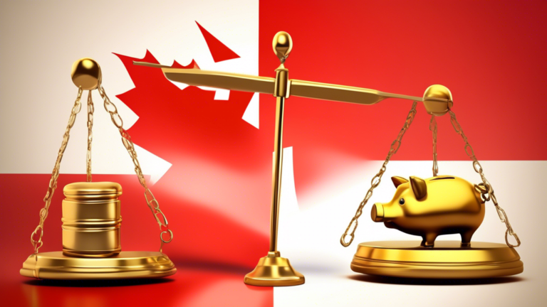 An illustration of a scale balancing two contrasting concepts: on one side, a golden piggy bank representing 'Consumer Proposal' and on the other, a gavel symbolizing 'Bankruptcy,' against a backdrop of the Canadian flag.