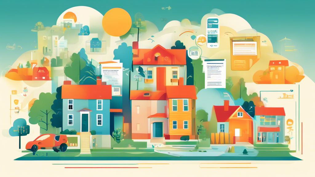 An illustrated guide visually detailing the process of managing mortgages through a consumer proposal, overlayed with icons representing financial advice, legal documents, and housing, all set against a backdrop of a tranquil neighborhood.