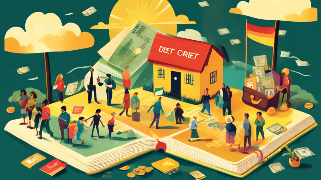 An illustrated guide book open on a table, showing a pathway leading from a dark, stormy landscape of credit card bills and loan documents to a sunny, peaceful clearing with a treasure chest labeled 'Debt Consolidation Options', surrounded by people of various ages smiling and holding their credit scores, all under a banner that says 'For Bad Credit'.