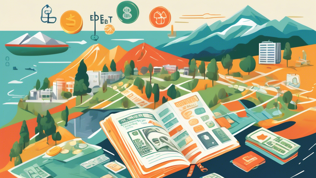 An illustrated guidebook floating above a scenic view of Kelowna, with pages open to a section titled 'Debt Consolidation Options,' surrounded by icons of money, calculators, and handshake.