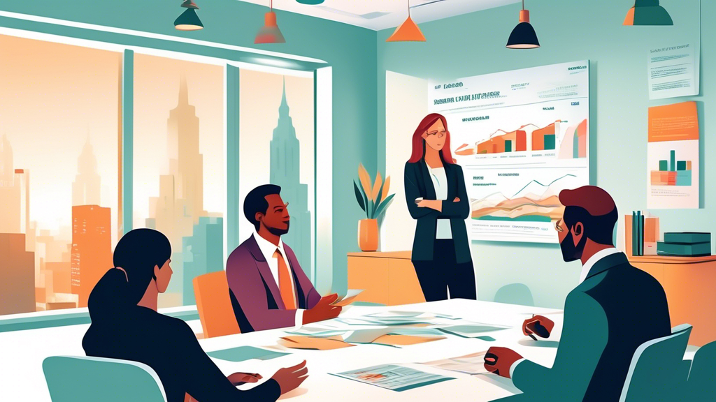 A serene office environment in Ottawa, featuring a financial advisor explaining debt consolidation solutions to a diverse group of attentive clients, displayed in an inviting, infographic-style illustration.