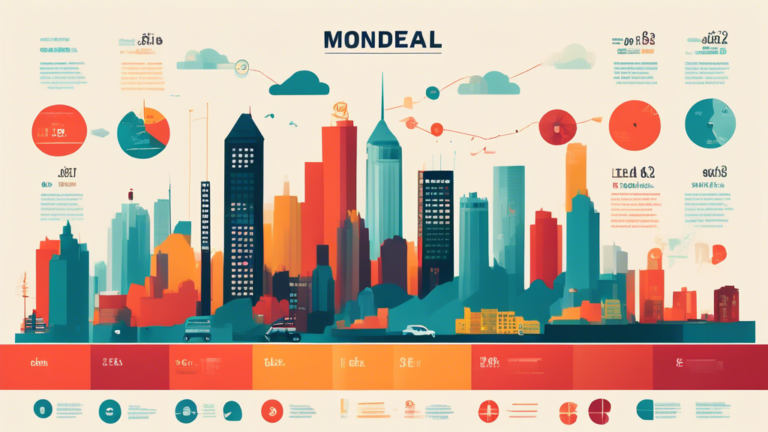 A minimalist infographic showing the skyline of Montreal with various financial icons and charts representing the process of debt consolidation