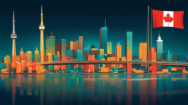 An illustration of a serene Toronto skyline with various bank buildings interconnected by golden bridges, under a glowing Canadian flag, symbolizing the concept of debt consolidation.