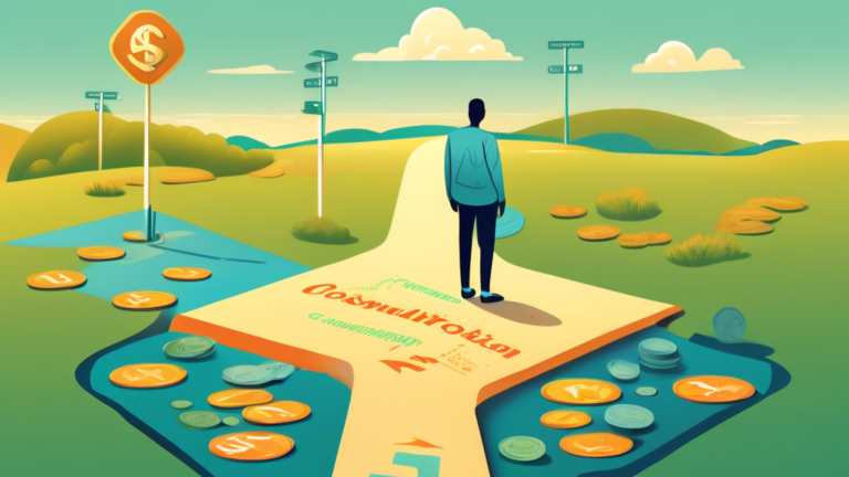 An illustration of a person standing at a crossroads, with one road leading to a sunlit clearing labeled 'Debt Consolidation' and the other to a serene landscape labeled 'Consumer Proposal', with financial documents, calculators, and coins forming the path beneath their feet.