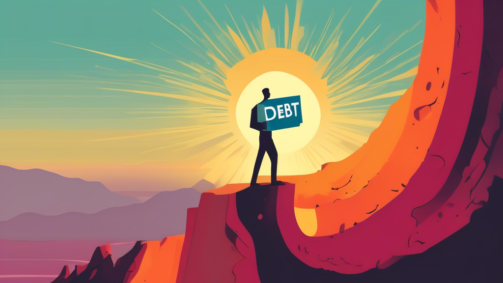 A person holding a large, heavy debt weight labeled 'CRA Debt' at the edge of a cliff, looking towards a rising sun labeled 'Bankruptcy', illustrating the concept of relief from financial burdens.