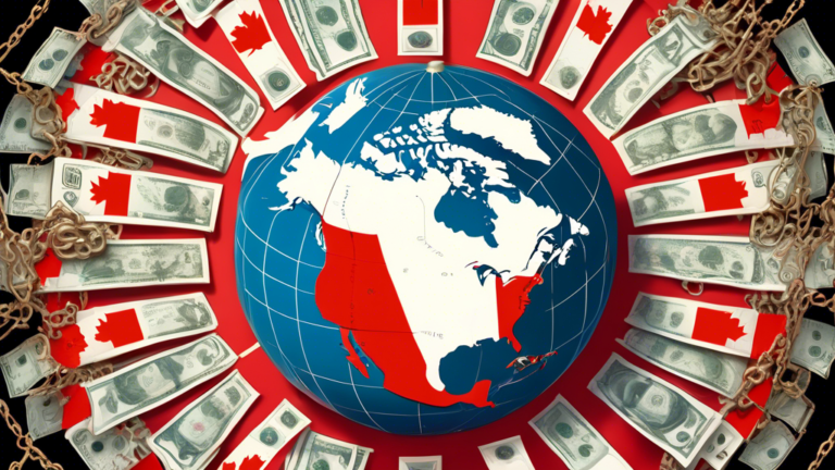 A digital illustration of a globe centered on North America, with Canada highlighted, surrounded by various currency symbols and chains, depicting the concept of being bound by unpaid debt even when abroad.