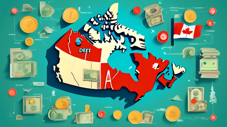 A graphical illustration showing a person standing on a map of Canada, surrounded by various icons representing money, debt, relief programs, and positive reviews, with a magnifying glass focusing on the words 'Debt Relief'.