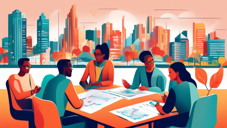 An illustration of a diverse group of people gathered around a table covered with financial documents and charts, with the iconic Edmonton skyline in the background, all collaboratively discussing and exploring consumer proposal options.