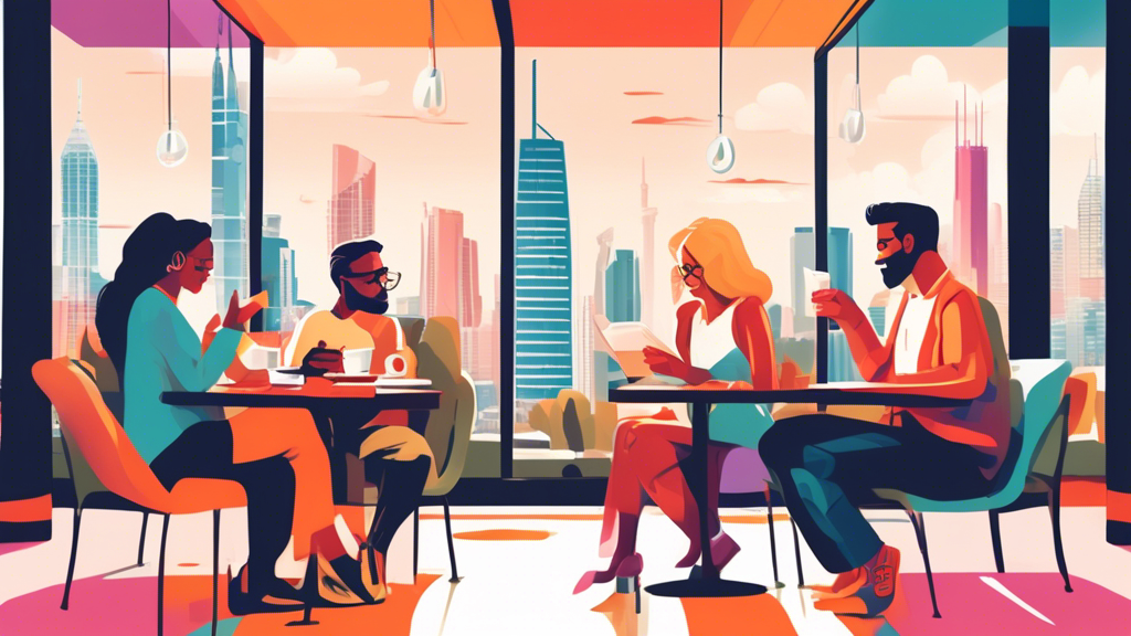 An illustrated guide showing different people reading and discussing consumer proposal reviews in a cozy Mississauga coffee shop, with the iconic Absolute World towers in the background.