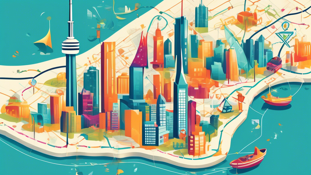 A stylized map of Toronto with various iconic landmarks connected by dotted lines leading to a bright, shining symbol of a document with a check mark, representing the journey and guide to consumer proposal services in Toronto.