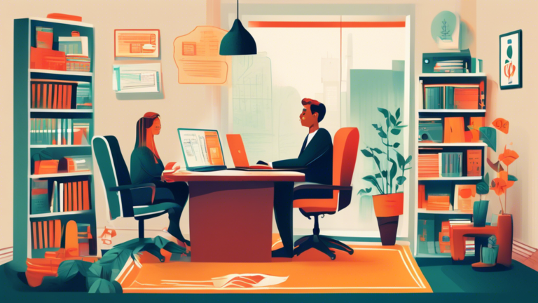 An illustration of a friendly meeting between a financial advisor and a client in a cozy London, Ontario office, surrounded by books, a computer showing credit scores, and iconic symbols of London, Ontario.