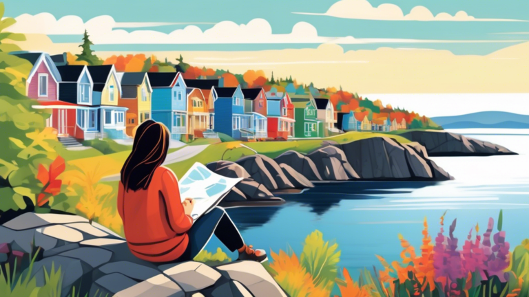 A serene landscape of Newfoundland and Labrador with a person sitting on a rock, surrounded by nature, thoughtfully reading a brochure about credit counselling services, with the iconic colorful row houses in the distance.