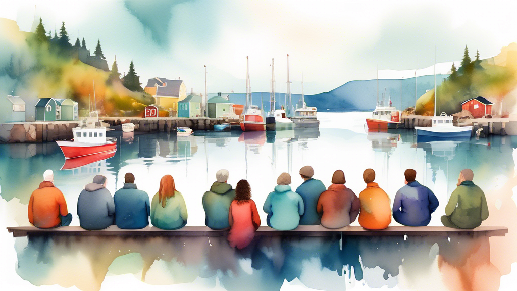 A serene harbor in Newfoundland with a diverse group of people gathered around a counselor, discussing credit options, depicted in a digital watercolor style.