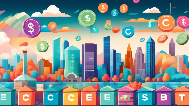 A serene landscape of Calgary with various iconic buildings made of colorful financial calculators, pie charts, and currency symbols floating in the sky, symbolizing debt consolidation options.