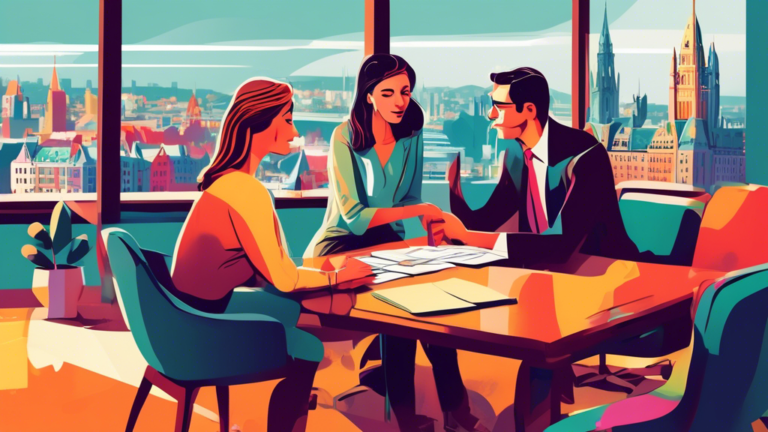 An illustration of a comforting and professional debt counsellor discussing finances with a relieved young couple, in an office adorned with sights of Ottawa in the background.