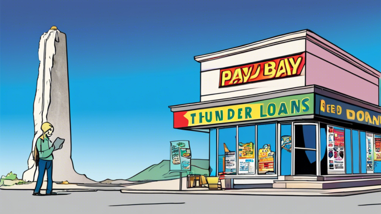 An illustration showcasing a person in Thunder Bay, Ontario, standing in front of a payday loan storefront, thoughtfully reading a guide titled 'What You Need to Know About Payday Loans,' with the iconic Sleeping Giant landmark in the background under a clear blue sky.