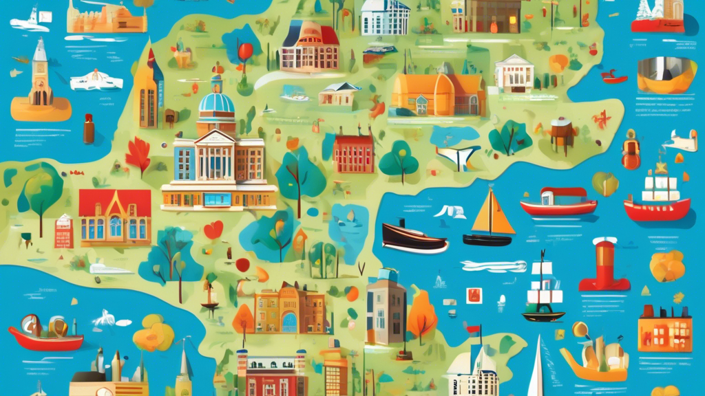 An illustrated map of Ontario, Canada, dotted with colorful, whimsical icons representing various repositories such as libraries, archives, and museums, under the clear blue sky.