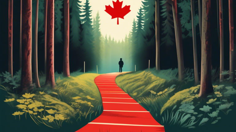 a serene and hopeful landscape featuring a pathway leading from a dense, dark forest (representing debt) into a sunny, open field with signs pointing towards various debt relief solutions, all under the watchful gaze of the Canadian flag.