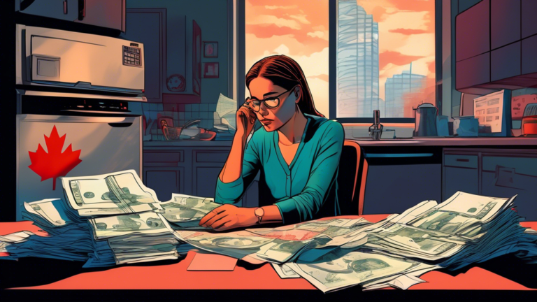 An illustration of a person sitting at a kitchen table surrounded by bills and financial documents, looking thoughtfully at a large calculator display that shows the Canadian flag and dollar signs, with a shadowy courthouse in the background.