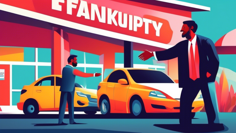 A compassionate car salesman shaking hands with a hopeful customer in front of a welcoming car dealership, under a bright sign saying Bankruptcy-Friendly Car Financing Available Here, with a diverse range of vehicles in the background.