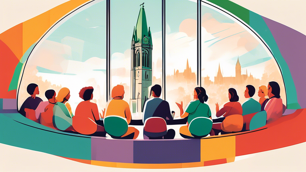 A serene illustration of people sitting in a supportive circular group discussion, with the Peace Tower in Ottawa visible through a large window, symbolizing guidance and financial literacy in a Canadian context.