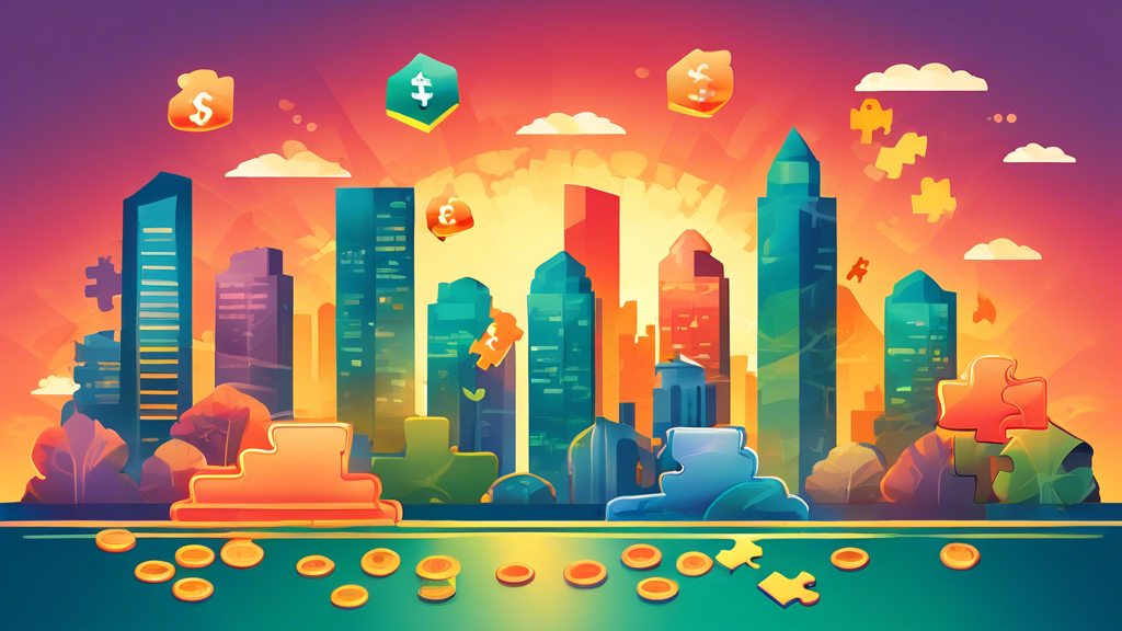 A serene and hopeful Vancouver skyline at sunset, with glowing icons of money, a debt-free badge, and a puzzle piece completing a financial stability puzzle, symbolizing finding debt relief solutions.