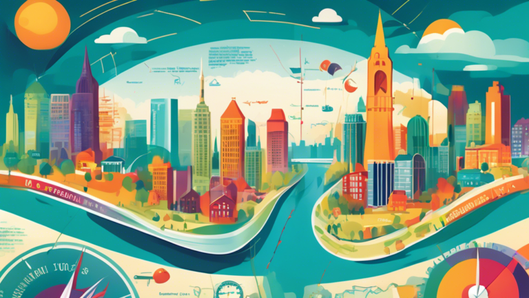 An illustrated guidebook cover depicting a serene financial journey map with landmarks named budgeting, debt management, and savings, leading to the bright skyline of Hamilton, under the guidance of a professional credit counselling compass.